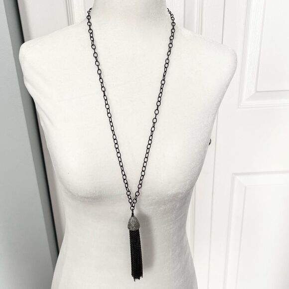 Long tassel chain fringe rhinestone studded necklace - Picture 1 of 7